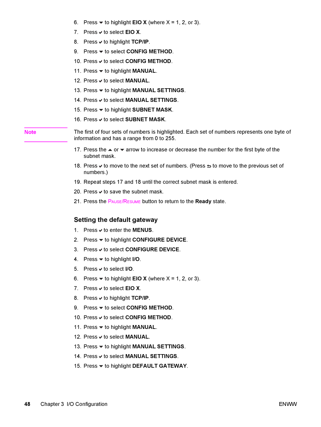 HP 5500 Setting the default gateway, To select Config Method, To highlight Manual Settings, To select Manual Settings 