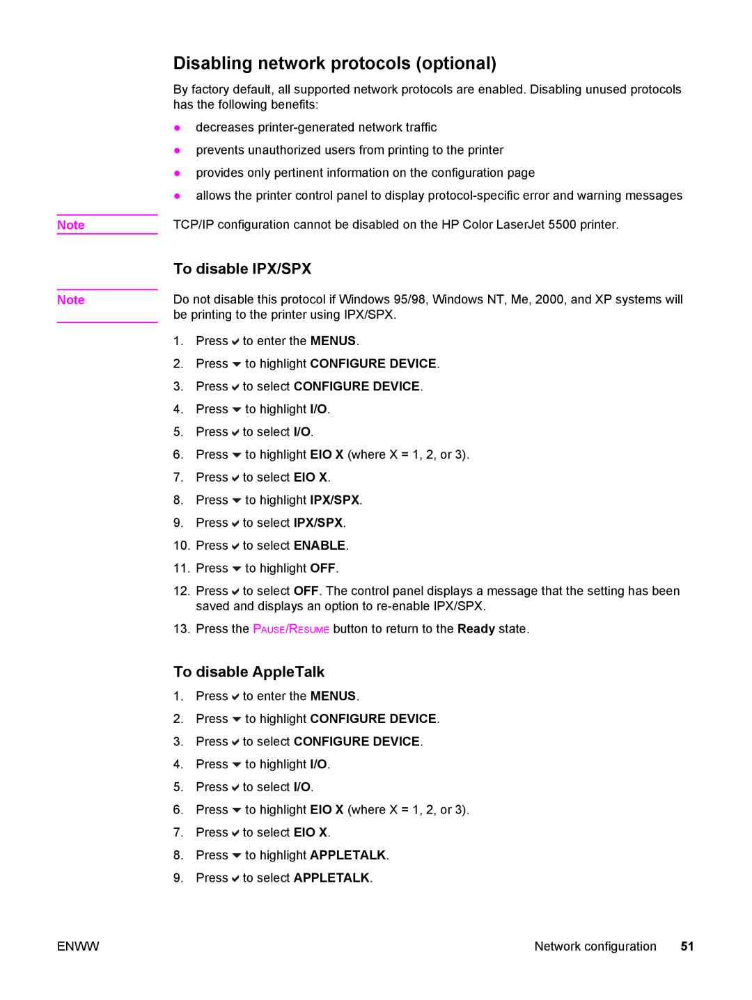 HP 5500 manual Disabling network protocols optional, To disable IPX/SPX, To disable AppleTalk 