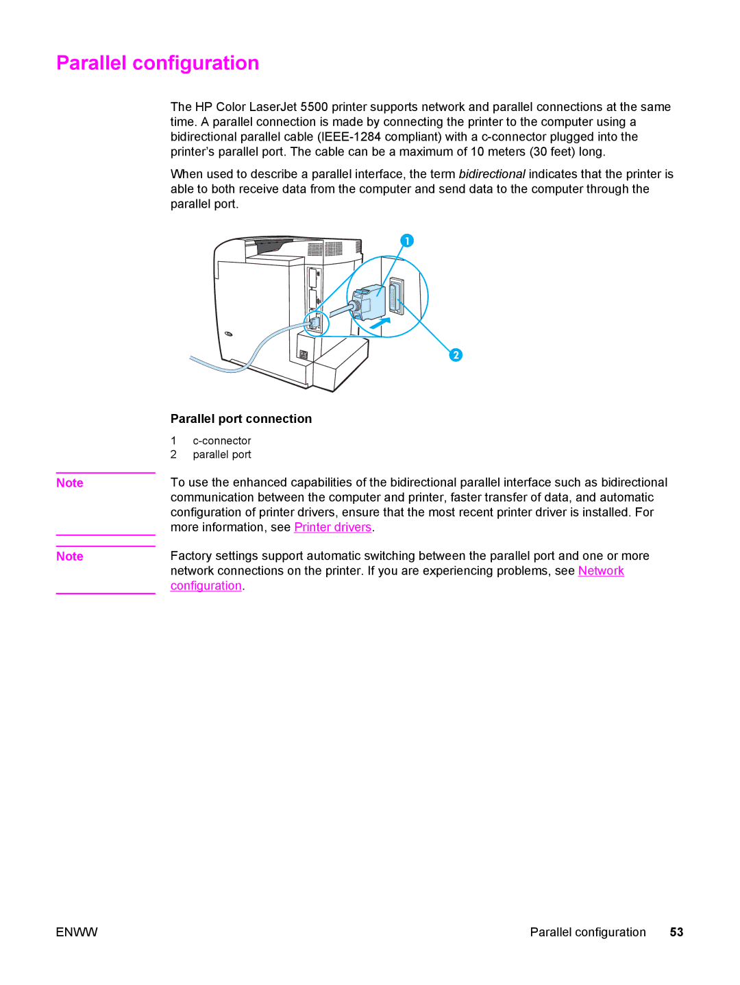 HP 5500 manual Parallel configuration, Parallel port connection 