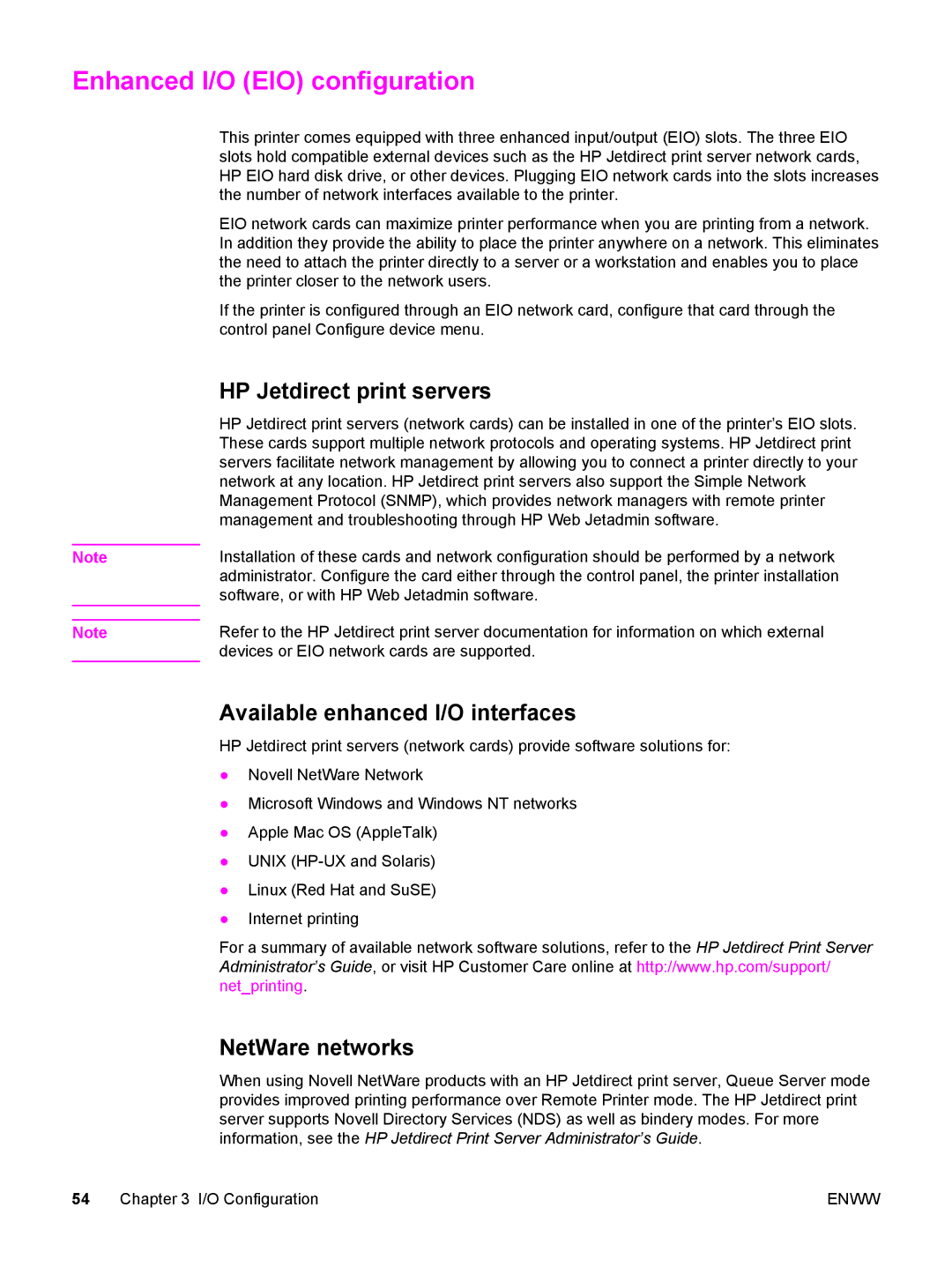 HP 5500 Enhanced I/O EIO configuration, HP Jetdirect print servers, Available enhanced I/O interfaces, NetWare networks 