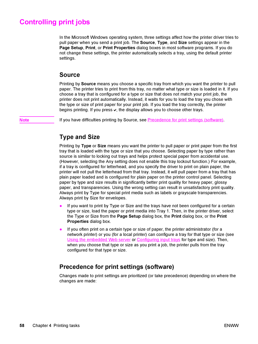 HP 5500 manual Controlling print jobs, Source, Type and Size, Precedence for print settings software 