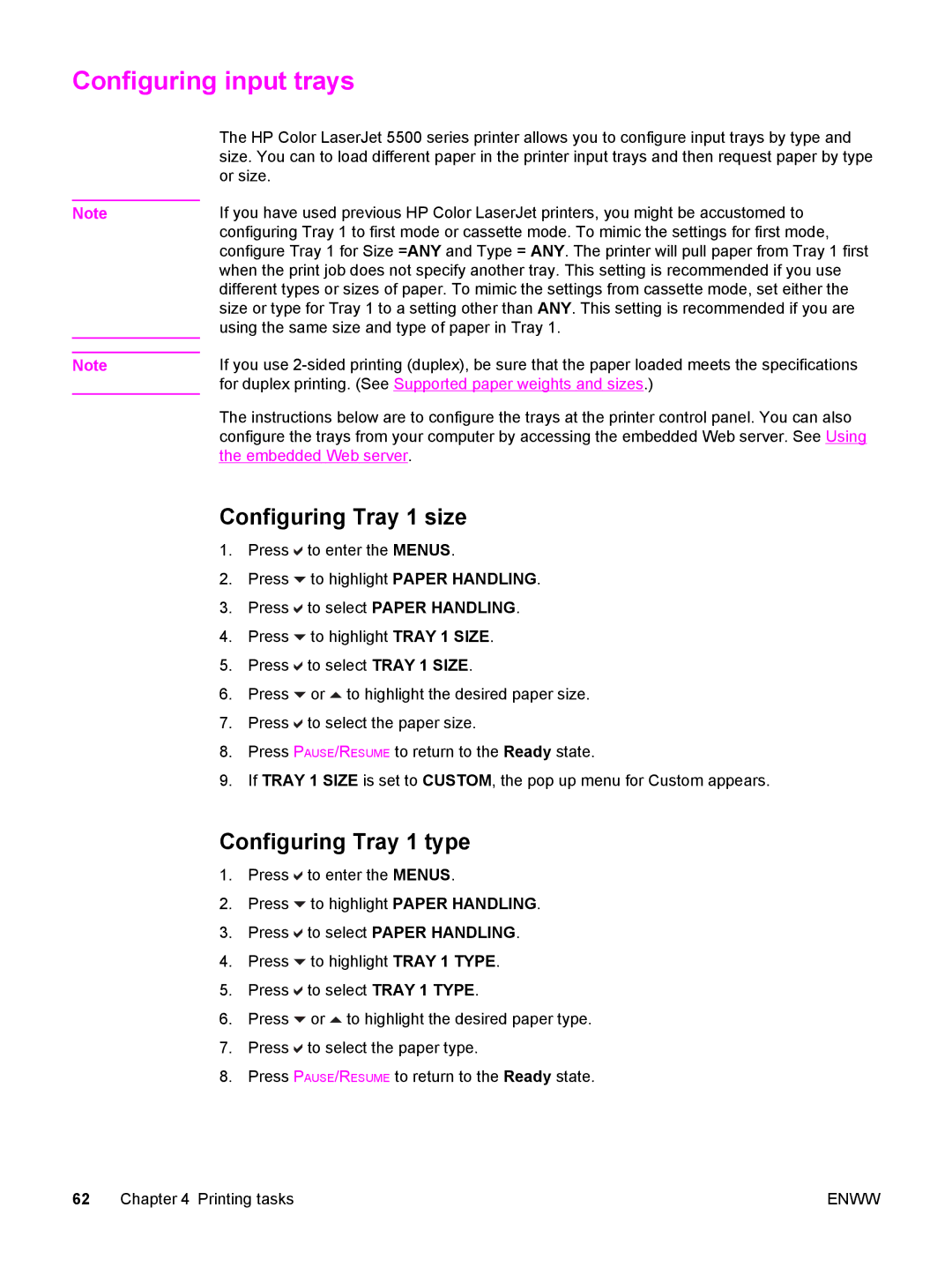 HP 5500 manual Configuring input trays, Configuring Tray 1 size, Configuring Tray 1 type 