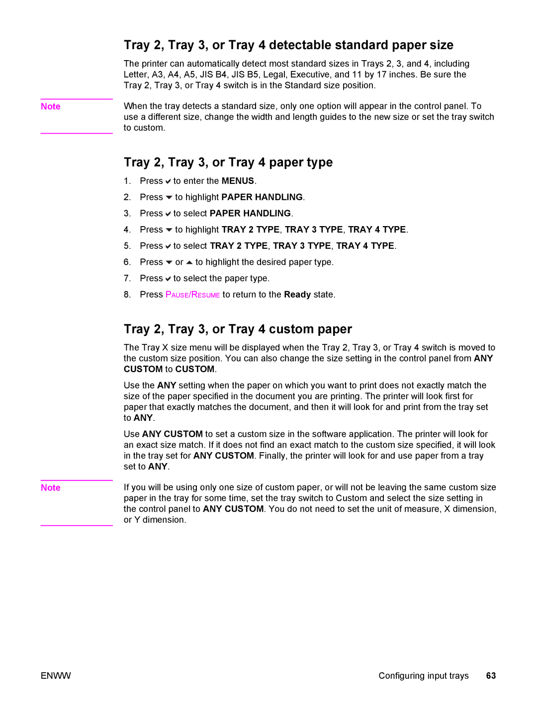 HP 5500 manual Tray 2, Tray 3, or Tray 4 detectable standard paper size, Tray 2, Tray 3, or Tray 4 paper type 