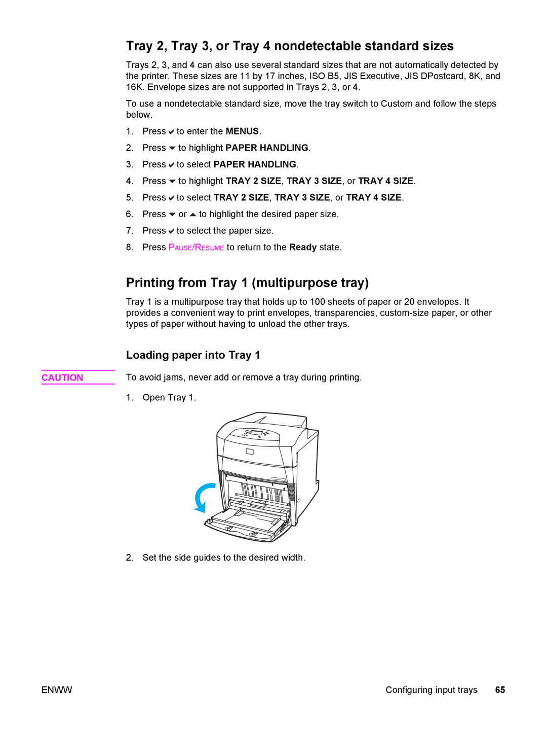 HP 5500 manual Tray 2, Tray 3, or Tray 4 nondetectable standard sizes, Printing from Tray 1 multipurpose tray 