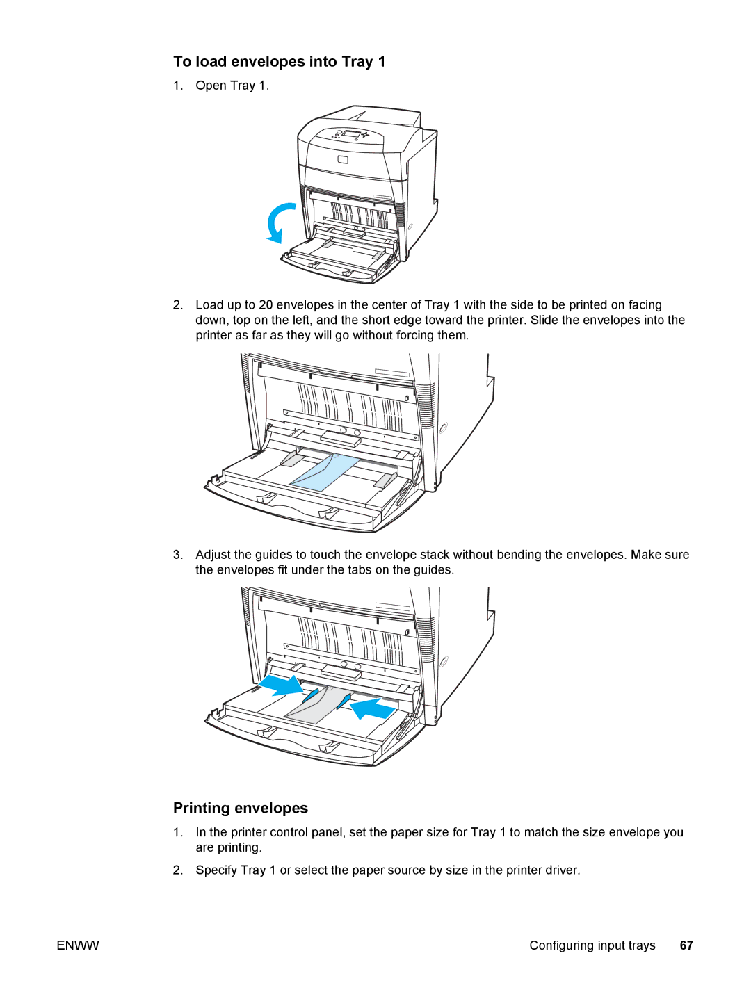 HP 5500 manual To load envelopes into Tray, Printing envelopes 