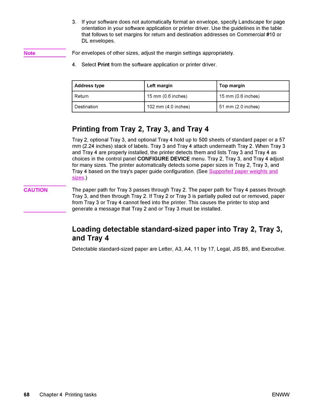 HP 5500 manual Printing from Tray 2, Tray 3, and Tray, Address type Left margin Top margin 