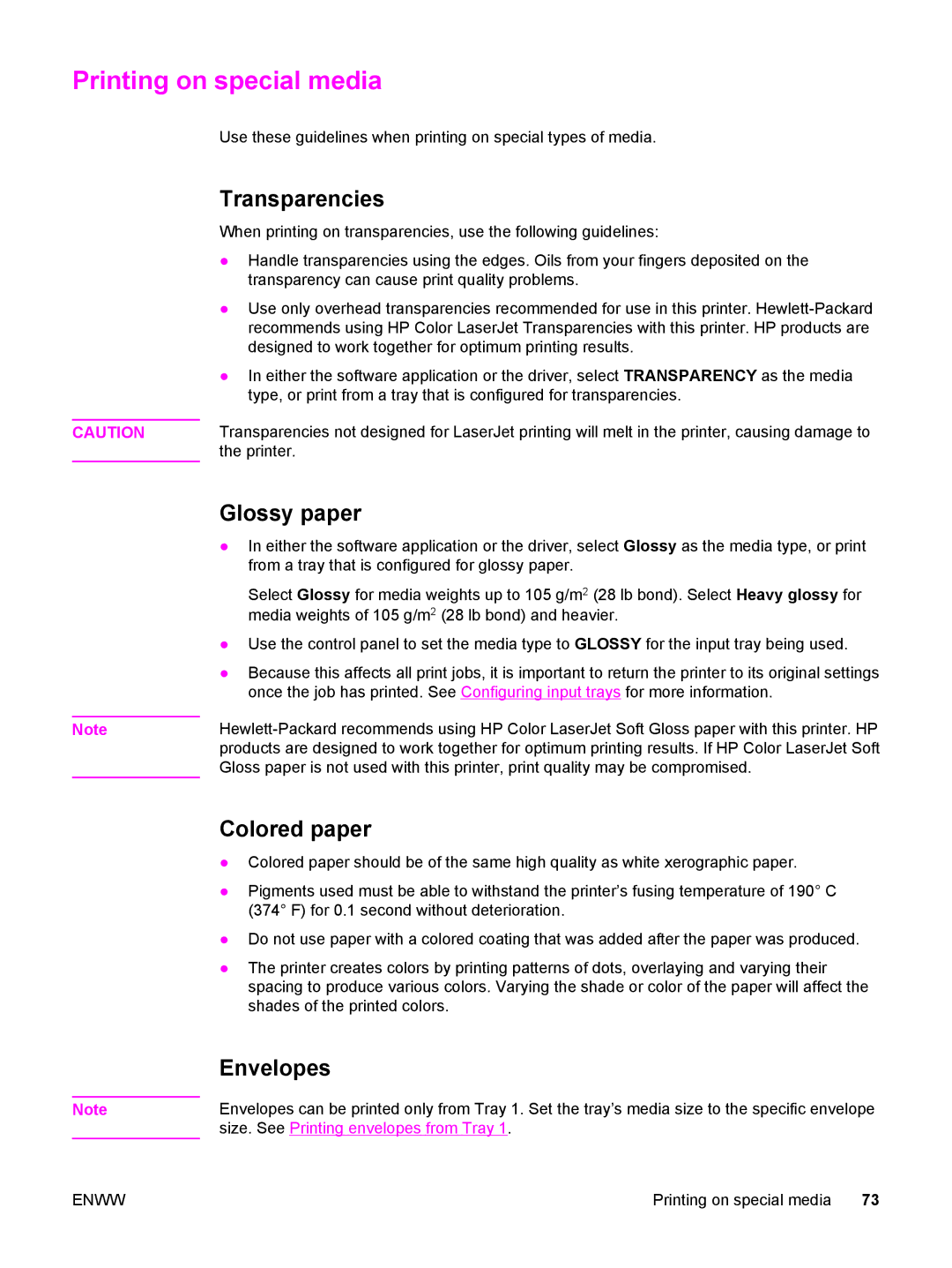 HP 5500 manual Printing on special media, Transparencies, Glossy paper, Colored paper, Envelopes 