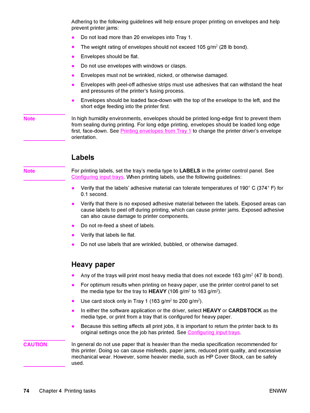 HP 5500 manual Labels, Heavy paper 