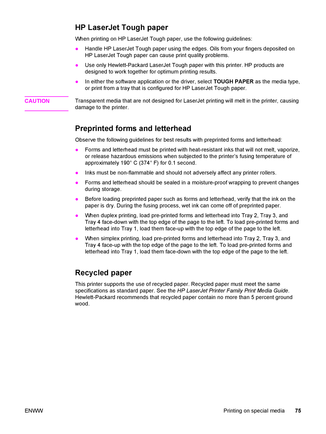 HP 5500 manual HP LaserJet Tough paper, Preprinted forms and letterhead, Recycled paper 