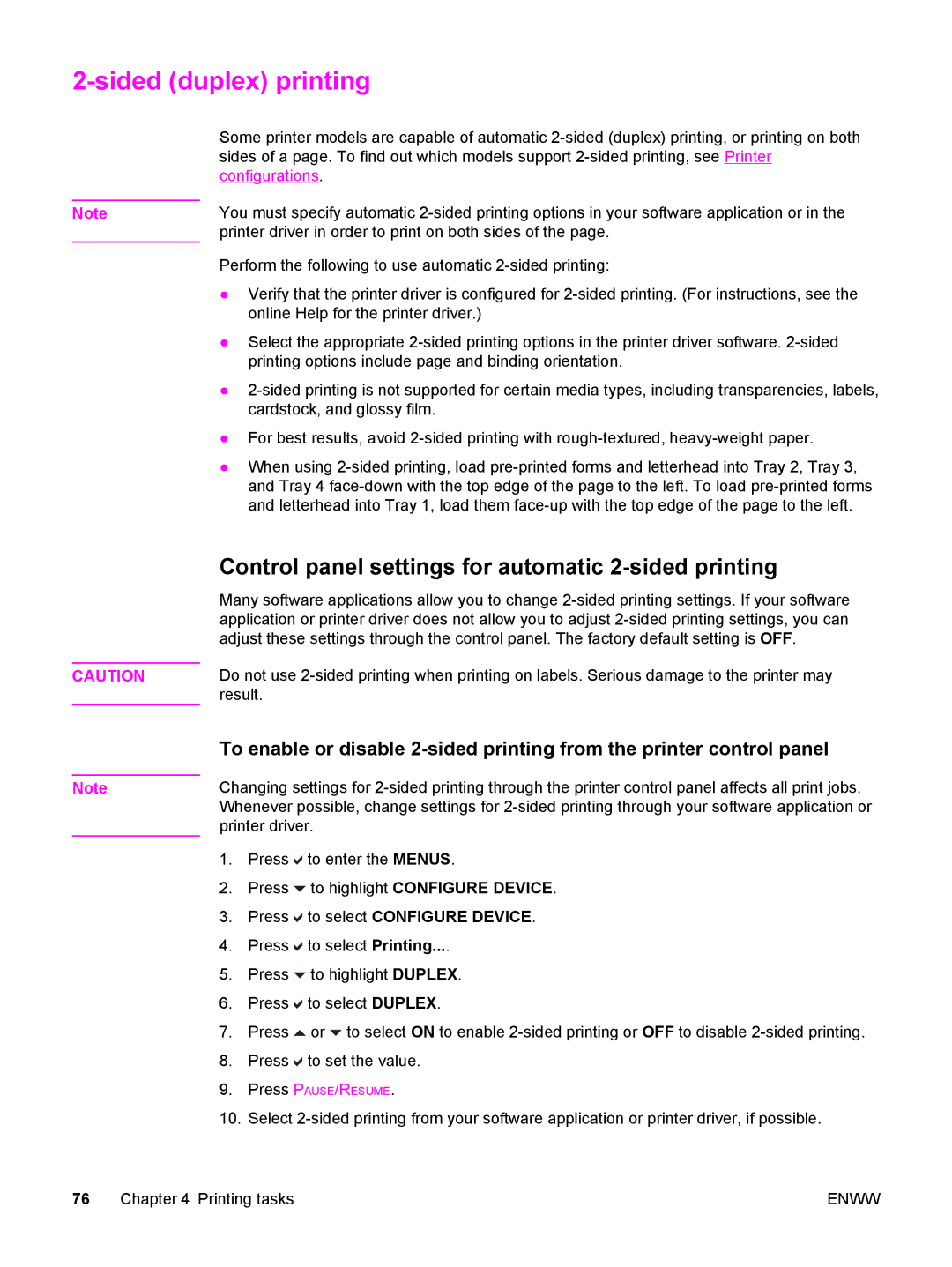 HP 5500 manual Sided duplex printing, Control panel settings for automatic 2-sided printing 