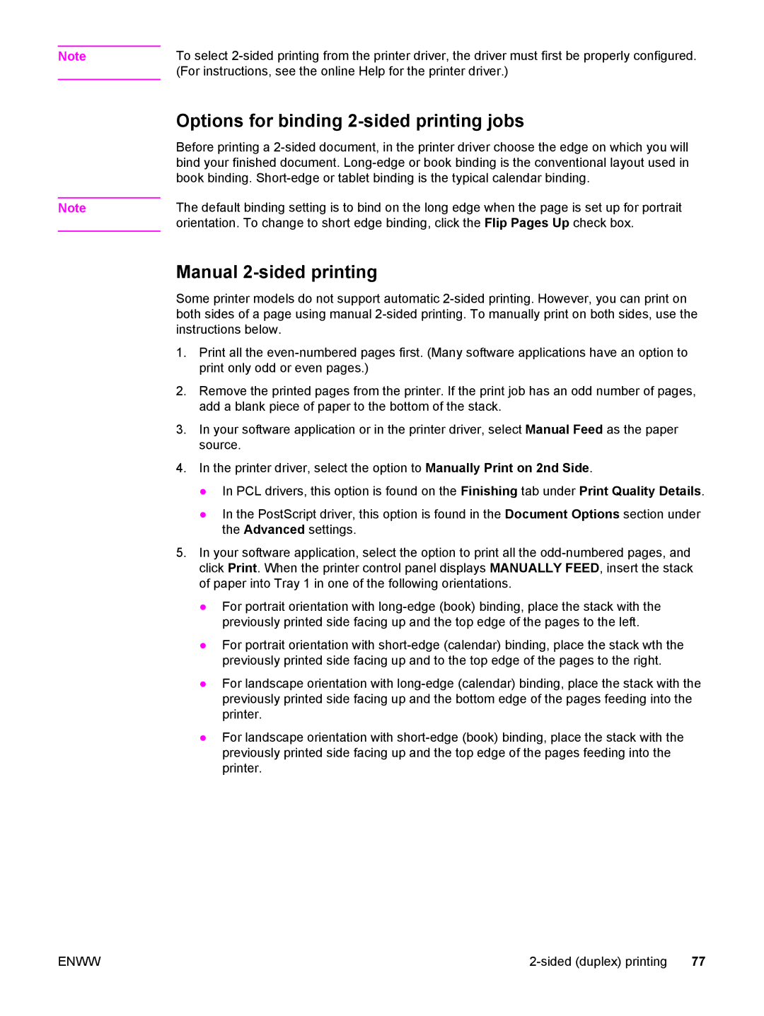 HP 5500 manual Options for binding 2-sided printing jobs, Manual 2-sided printing 