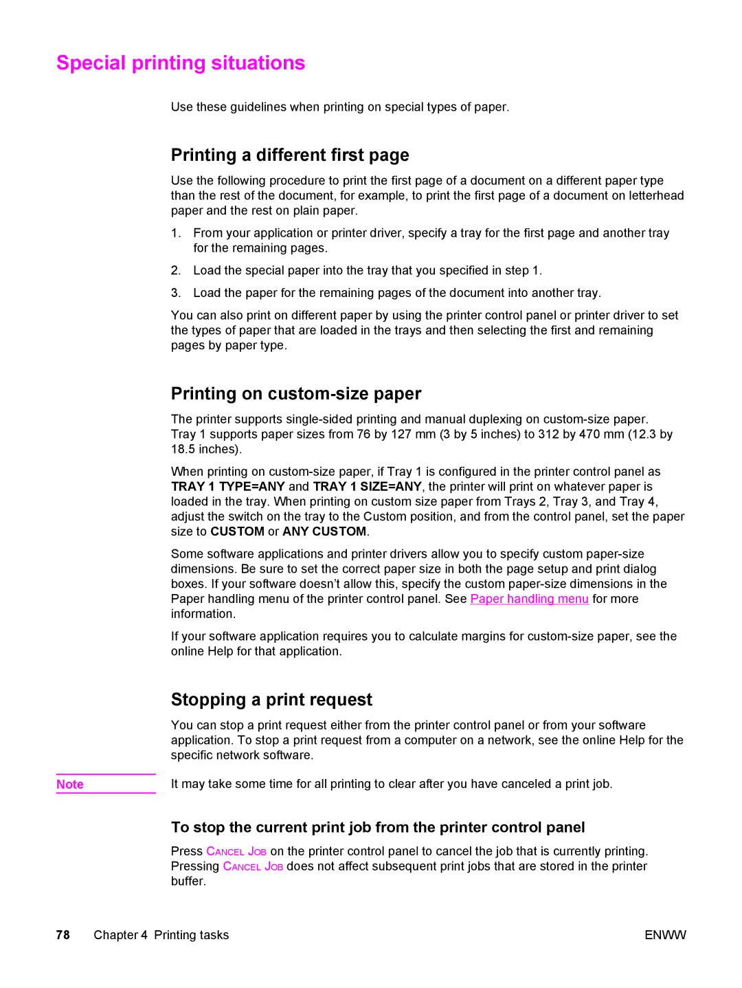 HP 5500 Special printing situations, Printing a different first, Printing on custom-size paper, Stopping a print request 