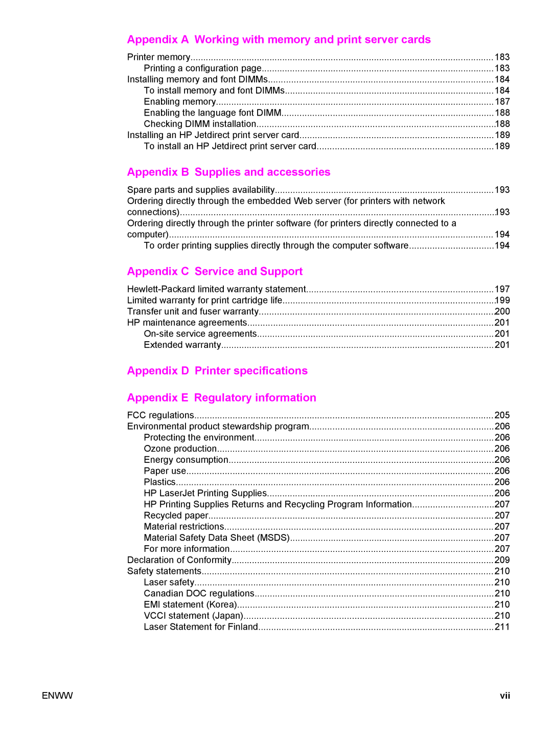 HP 5500 manual Appendix a Working with memory and print server cards, Vii 