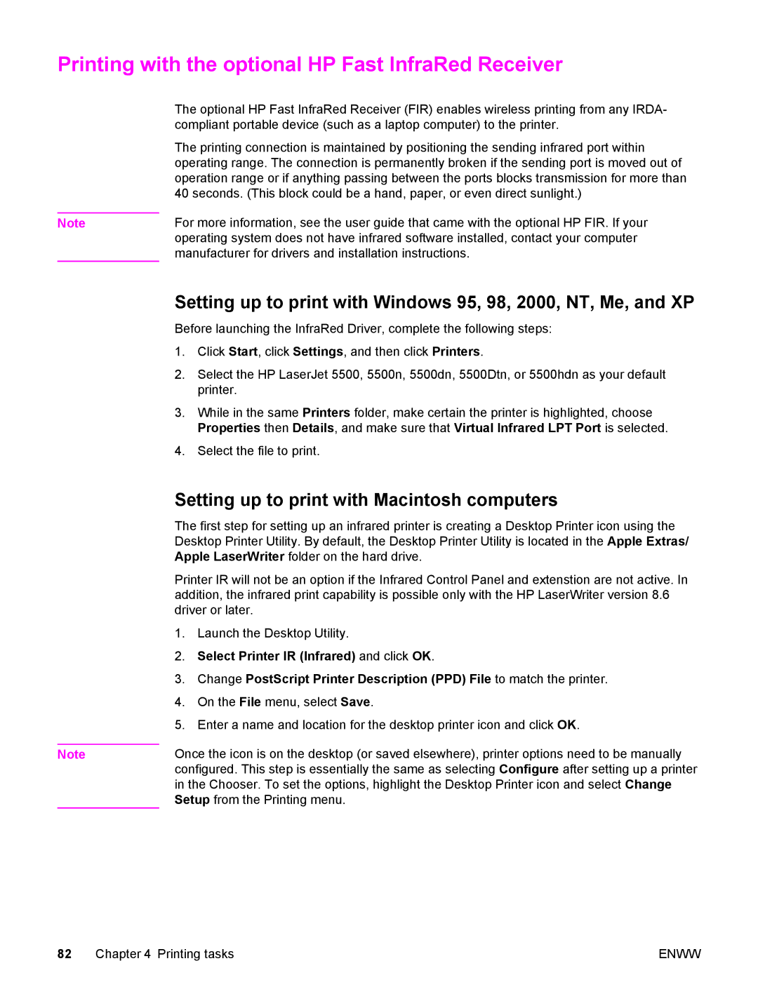 HP 5500 manual Printing with the optional HP Fast InfraRed Receiver, Setting up to print with Macintosh computers 