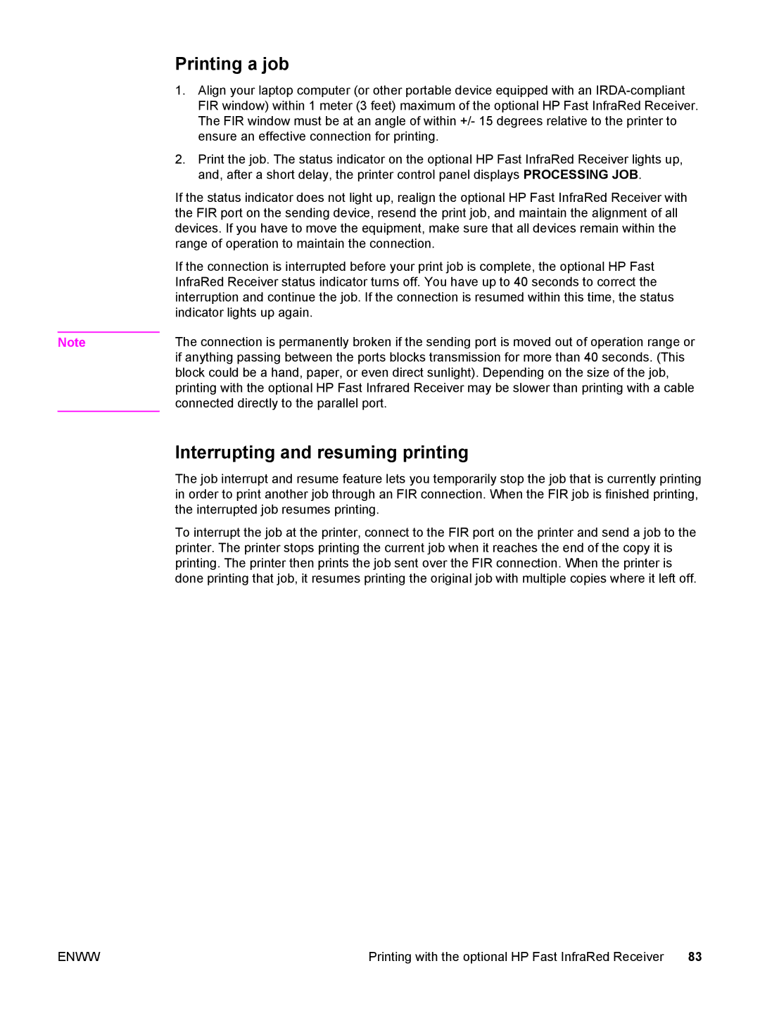 HP 5500 manual Printing a job, Interrupting and resuming printing 