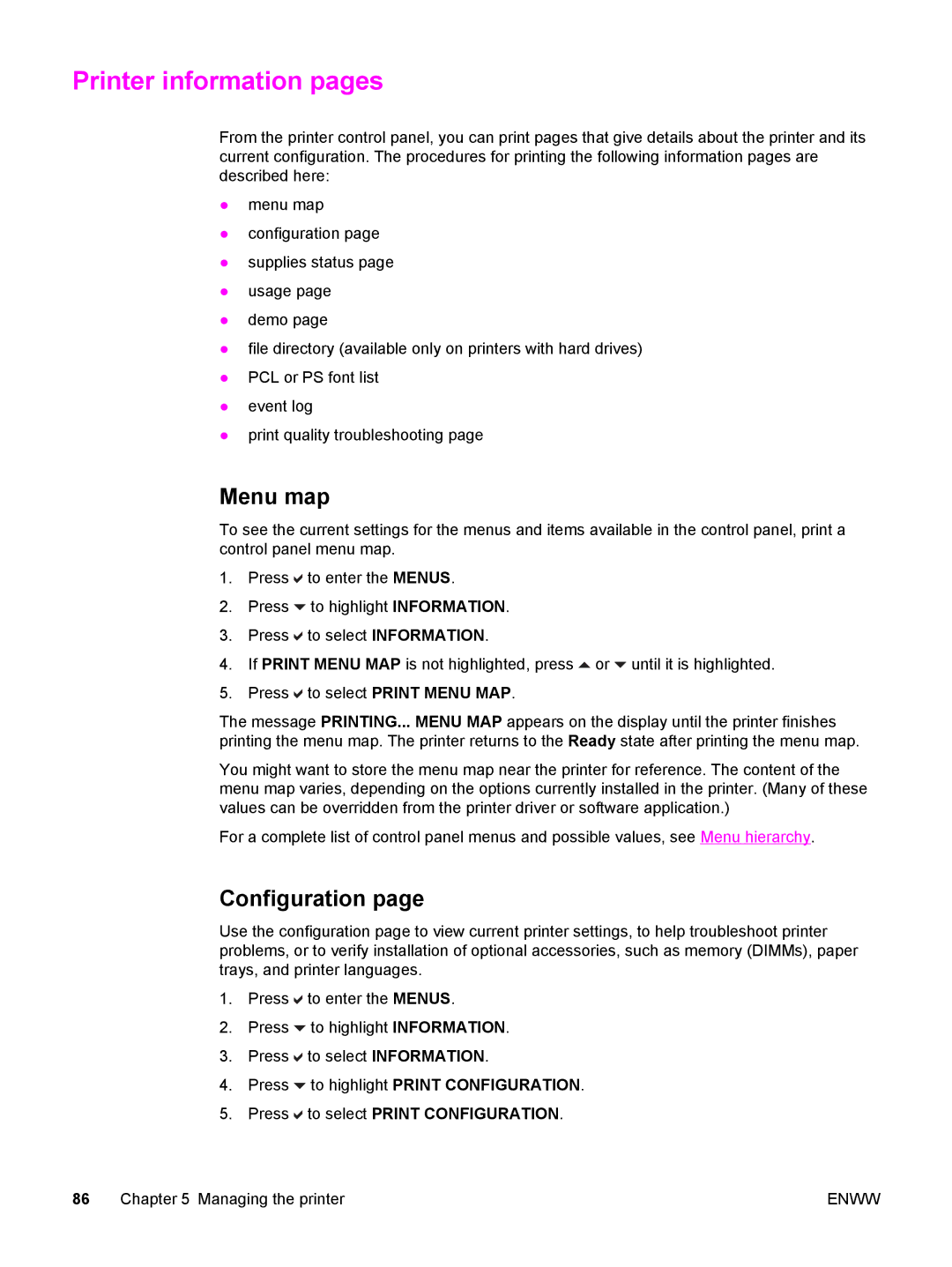 HP 5500 manual Printer information pages, Menu map, Press to select Print Configuration 