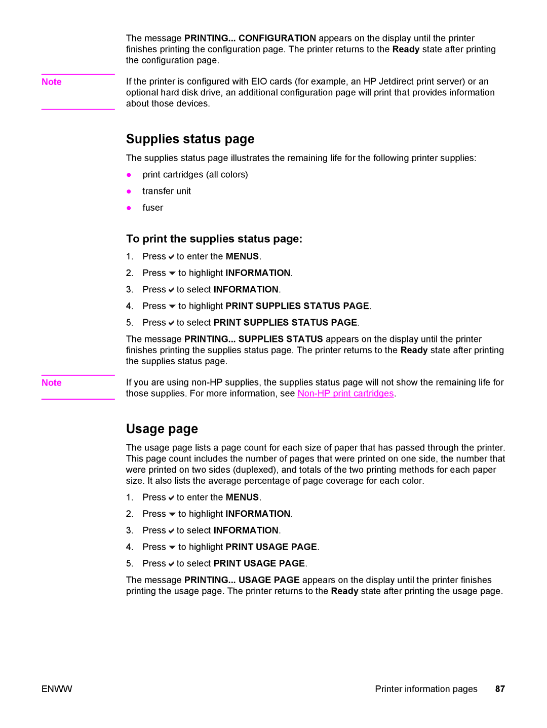 HP 5500 manual Supplies status, Usage, To print the supplies status 