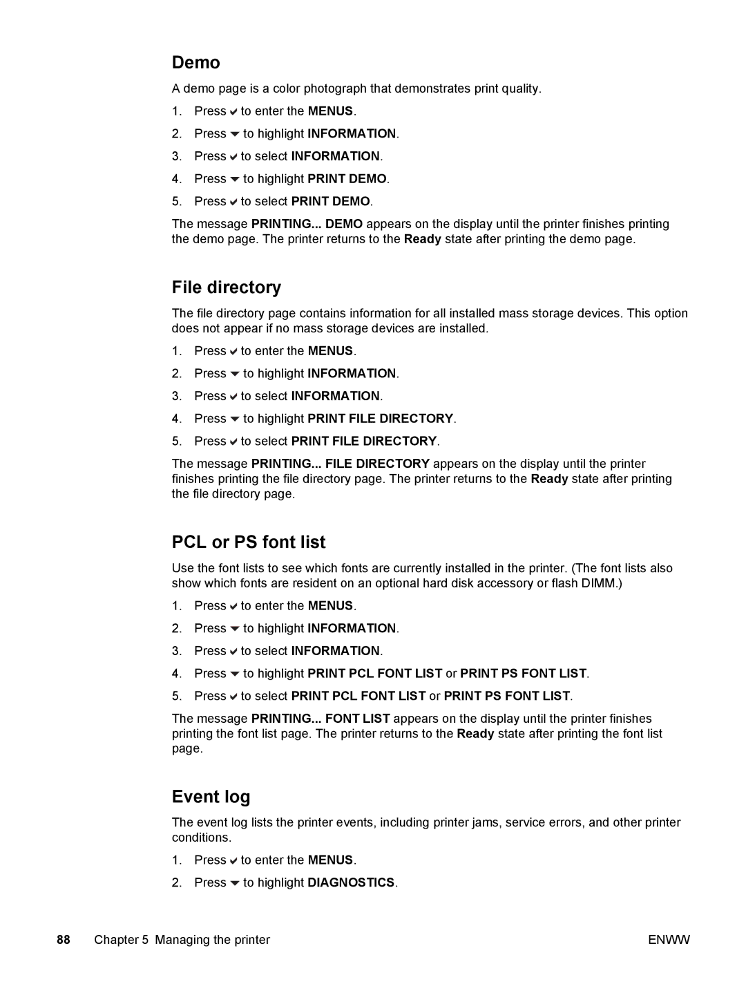 HP 5500 manual Demo, File directory, PCL or PS font list, Event log, Press to select Print File Directory 