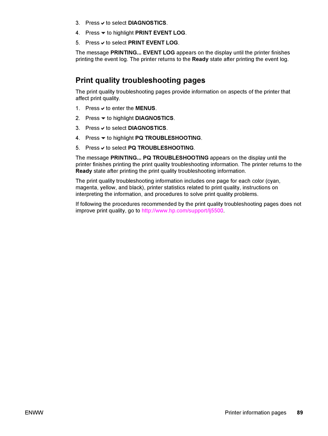 HP 5500 manual Print quality troubleshooting pages 