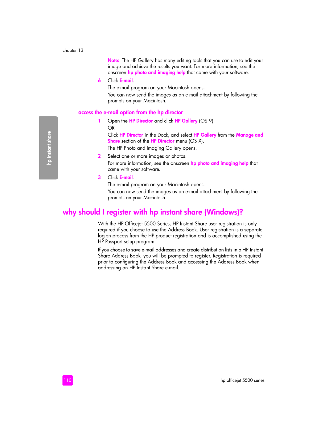 HP 5505, 5510xi Why should I register with hp instant share Windows?, Access the e-mail option from the hp director 