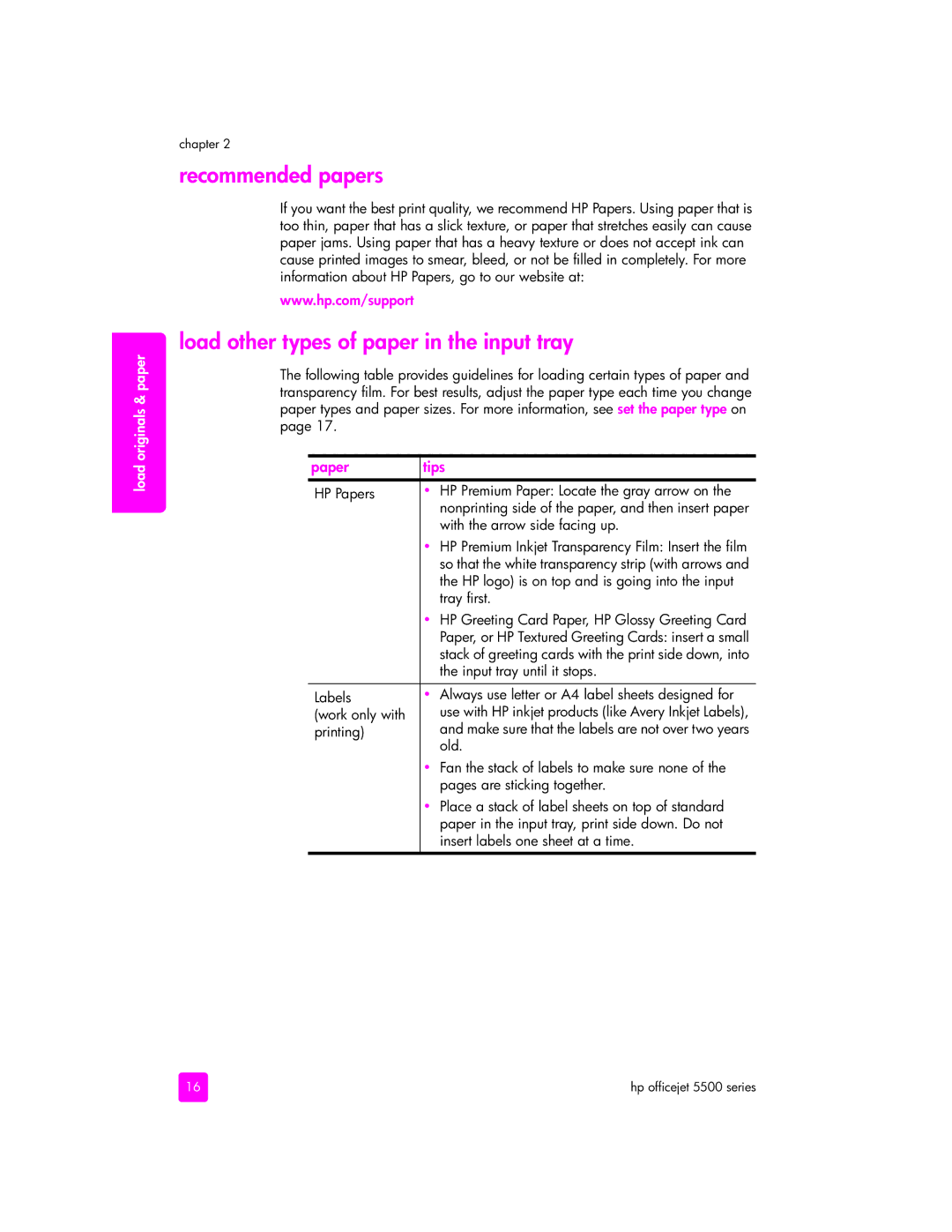 HP 5510xi, 5505, 5510v manual Recommended papers, Load other types of paper in the input tray, Paper Tips 