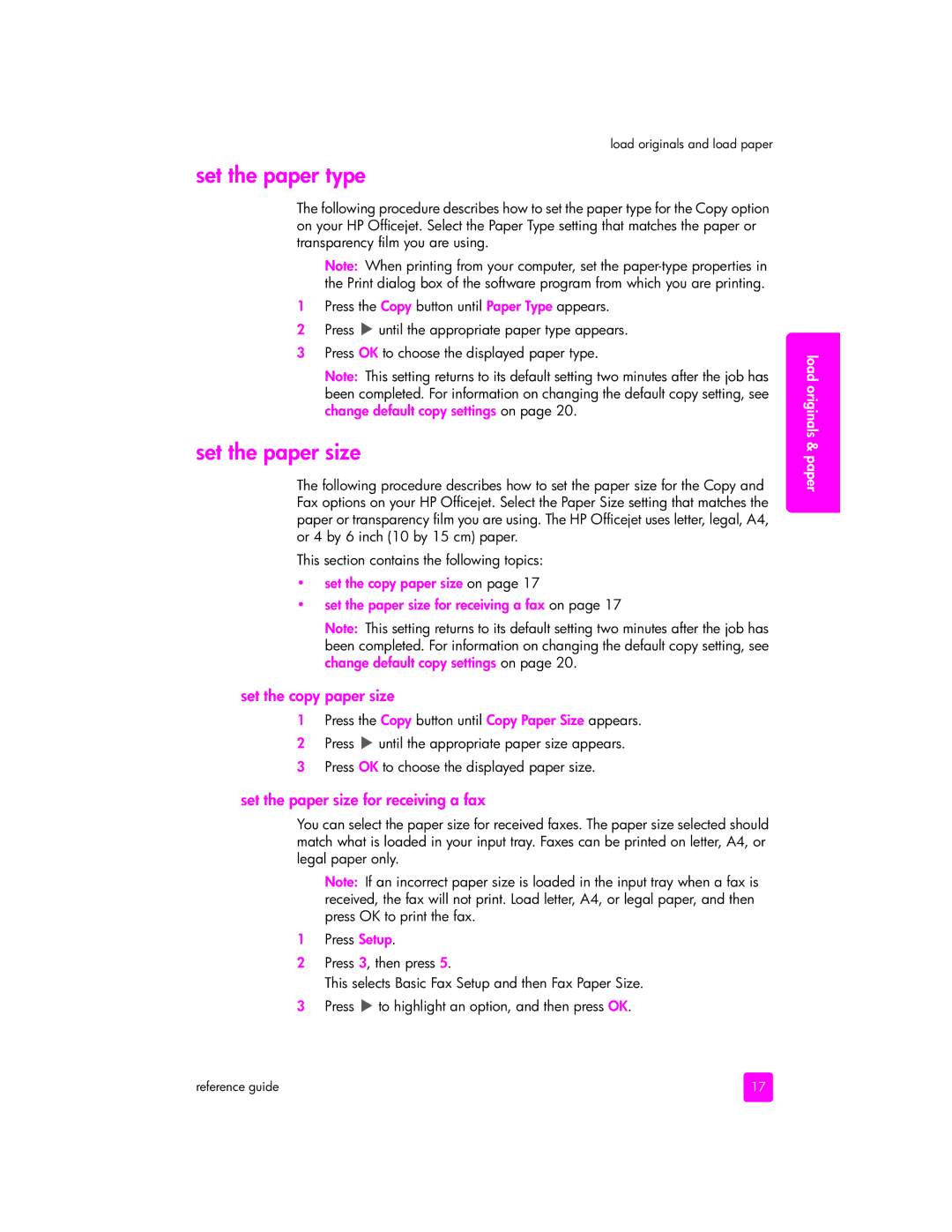 HP 5510v, 5505, 5510xi manual Set the paper type, Set the copy paper size, Set the paper size for receiving a fax 