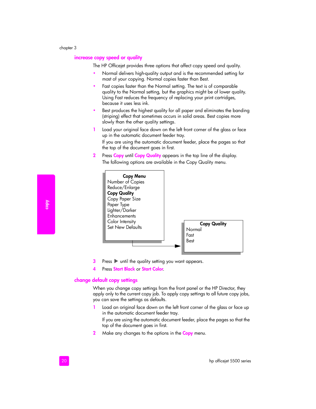 HP 5510xi, 5505, 5510v manual Increase copy speed or quality, Change default copy settings, Press Start Black or Start Color 