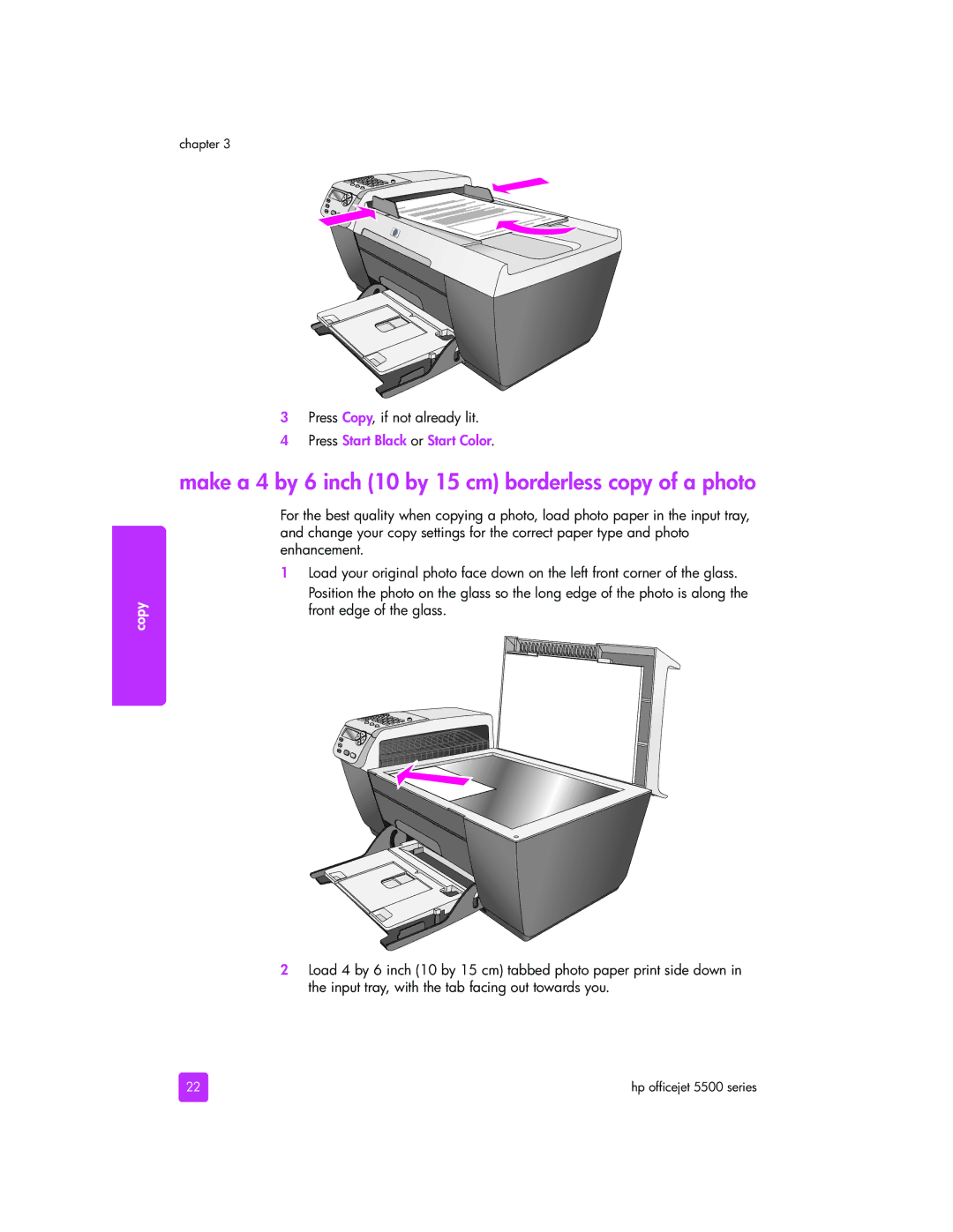 HP 5505, 5510xi, 5510v manual Make a 4 by 6 inch 10 by 15 cm borderless copy of a photo, Press Copy, if not already lit 