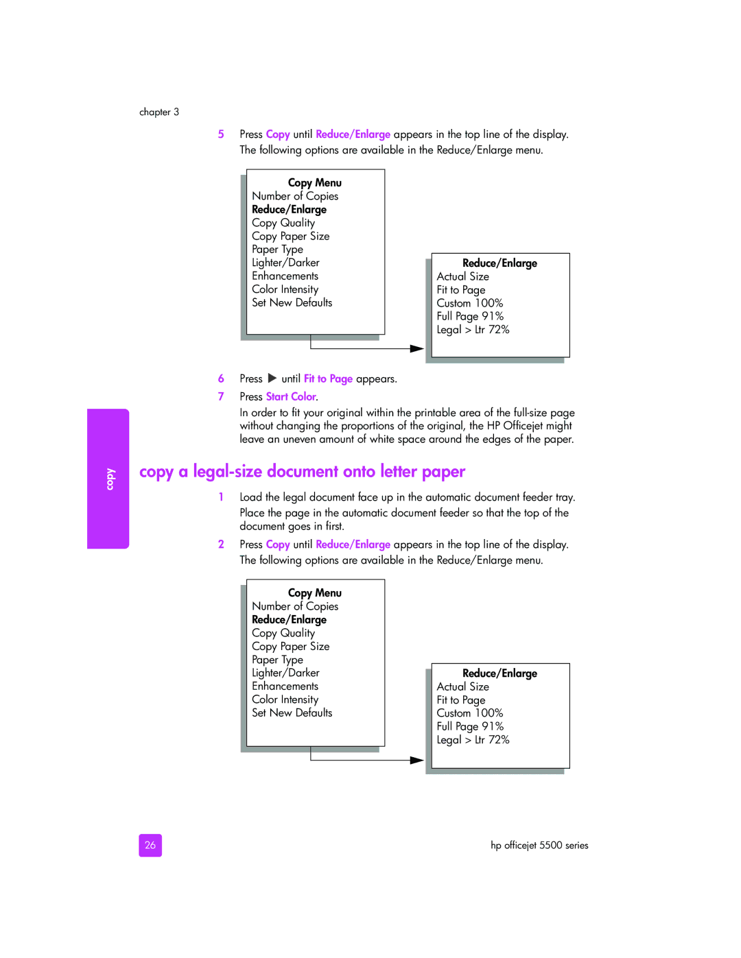 HP 5505, 5510xi, 5510v manual Copy a legal-size document onto letter paper, Press Start Color 