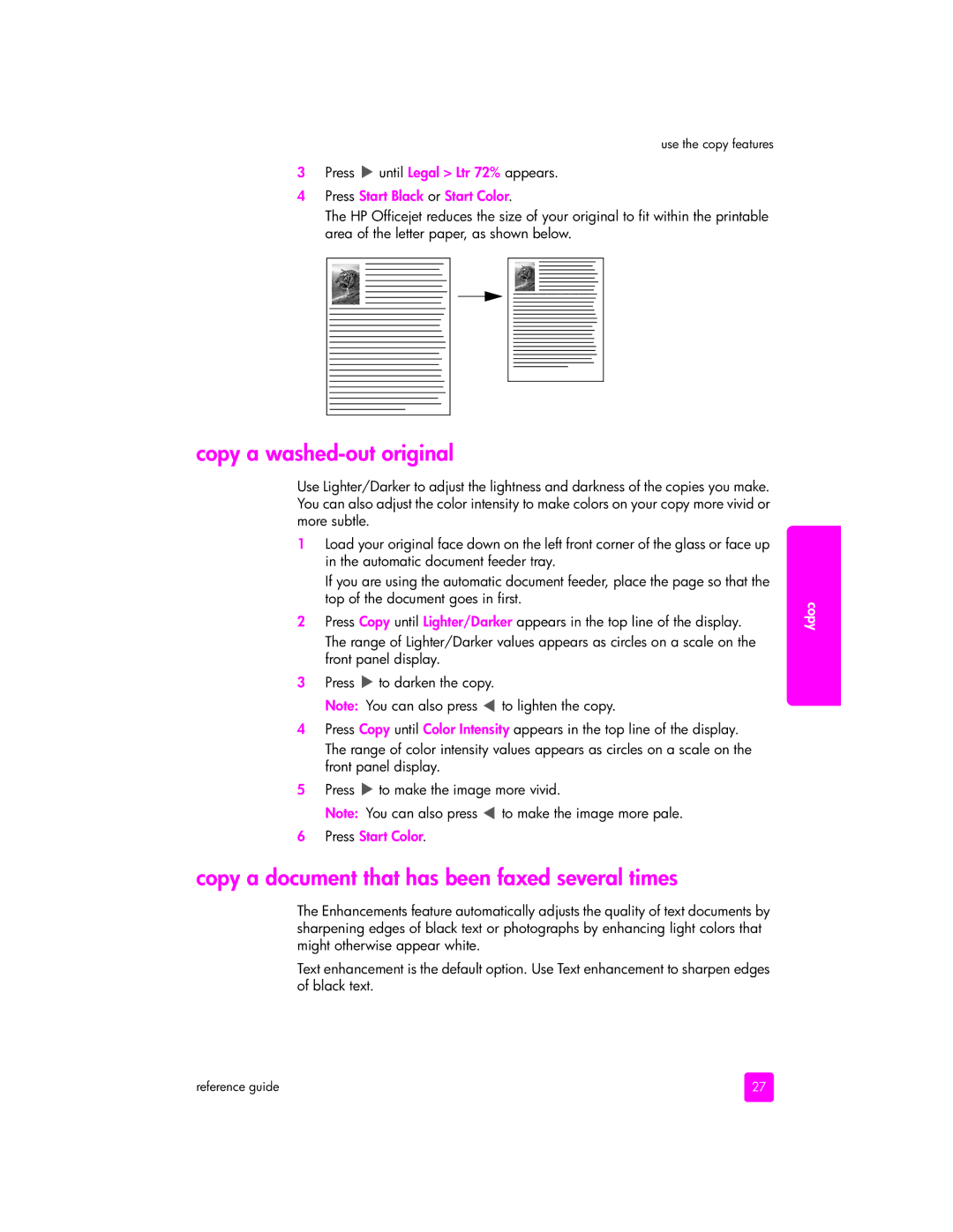 HP 5510 Copy a washed-out original, Copy a document that has been faxed several times, Press until Legal Ltr 72% appears 