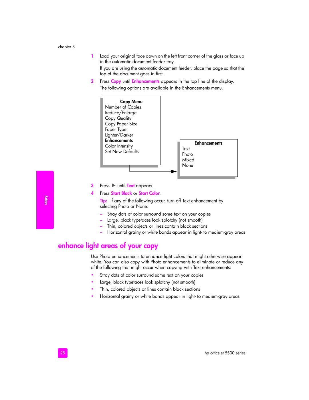 HP 5510xi, 5505, 5510v manual Enhance light areas of your copy, Press until Text appears 