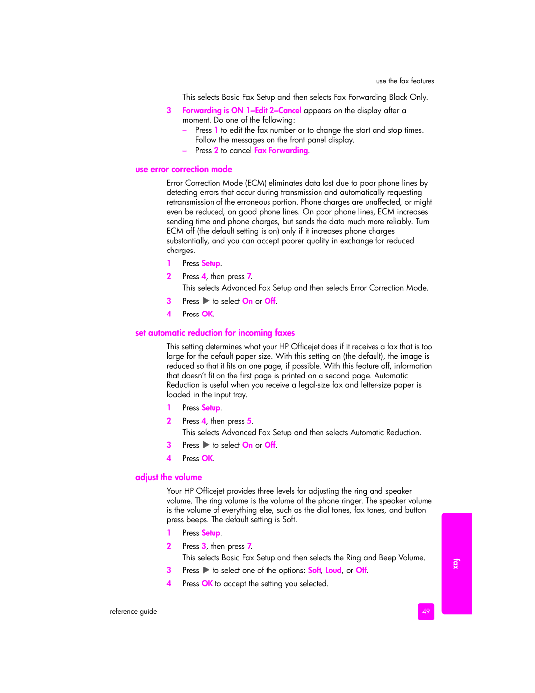HP 5510v, 5505, 5510xi manual Use error correction mode, Set automatic reduction for incoming faxes, Adjust the volume 