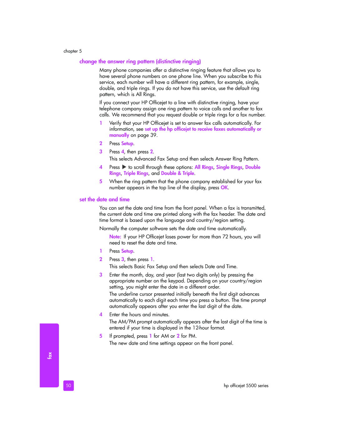 HP 5505, 5510xi, 5510v manual Change the answer ring pattern distinctive ringing, Set the date and time 