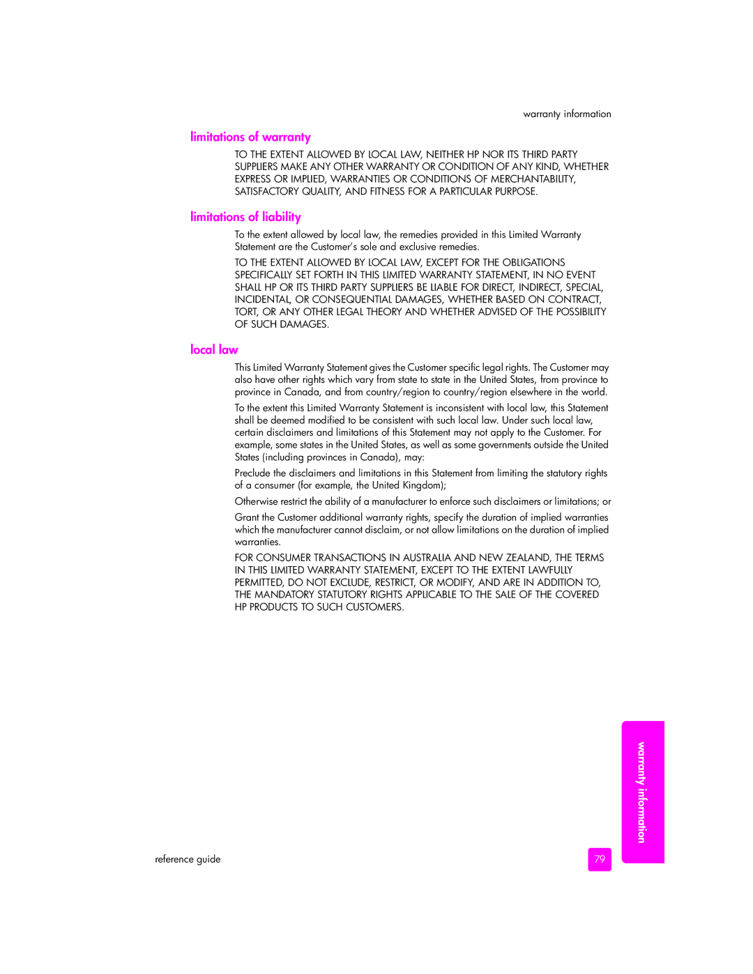 HP 5505, 5510xi, 5510v manual Limitations of warranty, Limitations of liability, Local law 