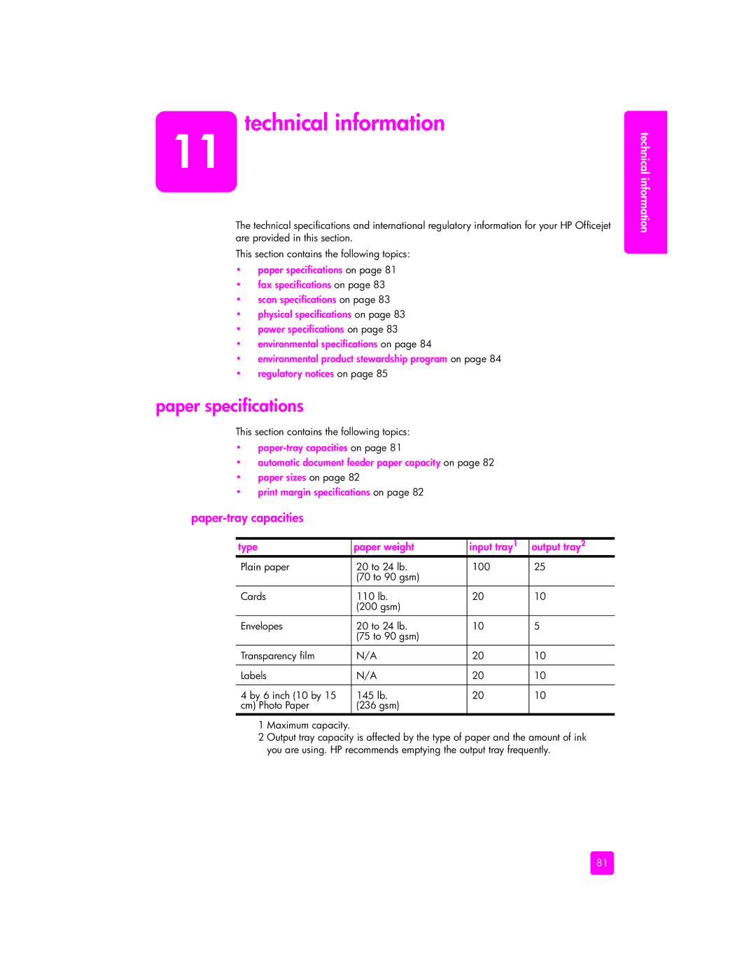 HP 5510v, 5505, 5510xi manual Technical information, Paper specifications, Paper-tray capacities 