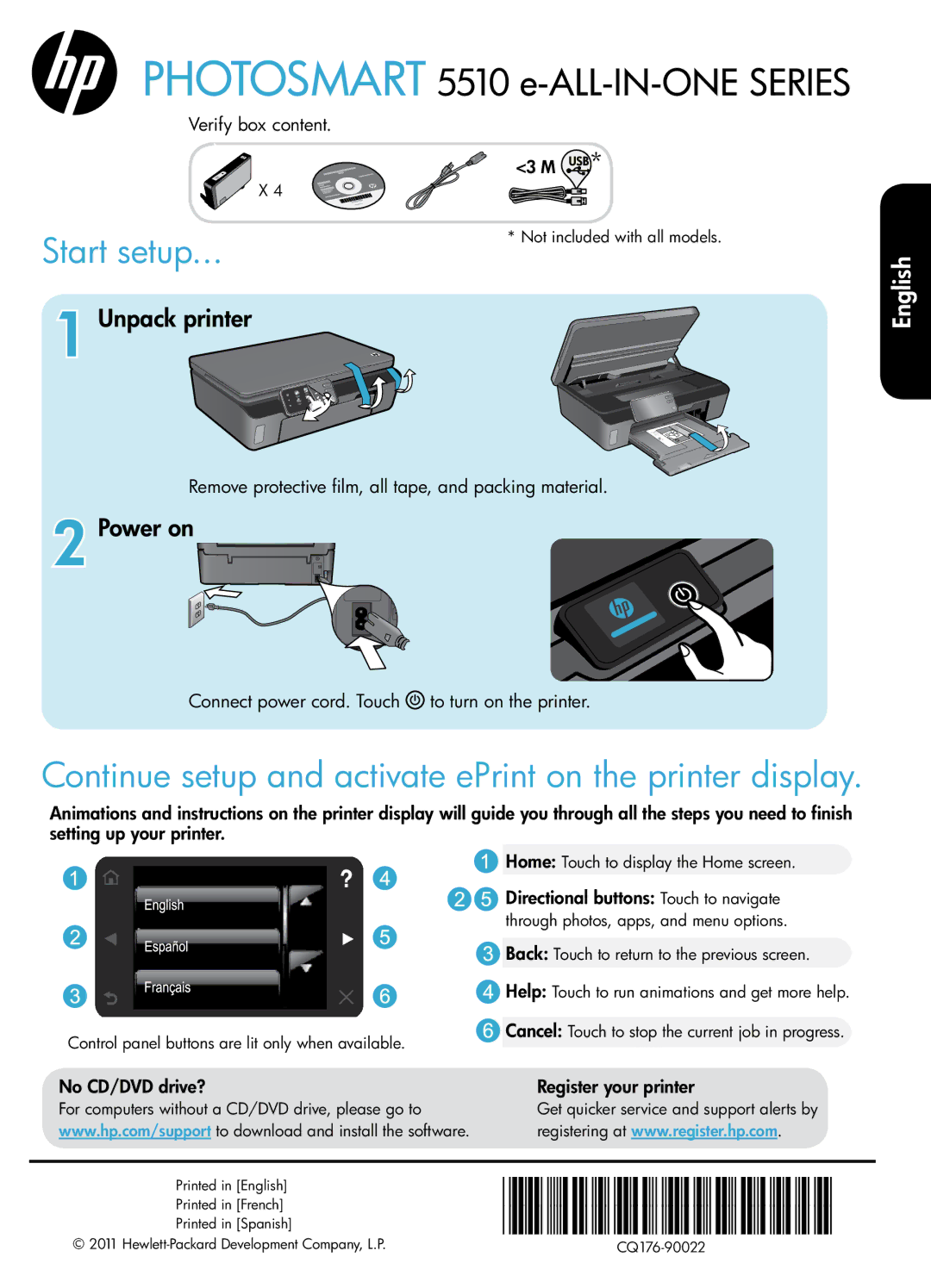 HP 5515 - B111a manual Verify box content, Remove protective film, all tape, and packing material, No CD/DVD drive? 