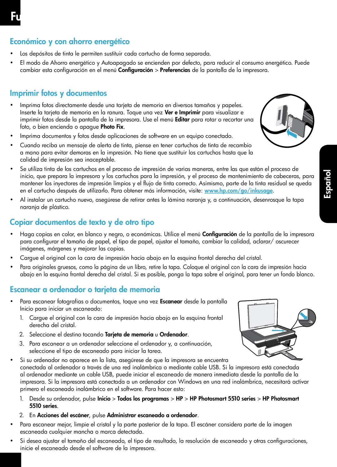 HP 5515 - B111a, 5510 - B111a manual Funciones y sugerencias, Económico y con ahorro energético, Imprimir fotos y documentos 