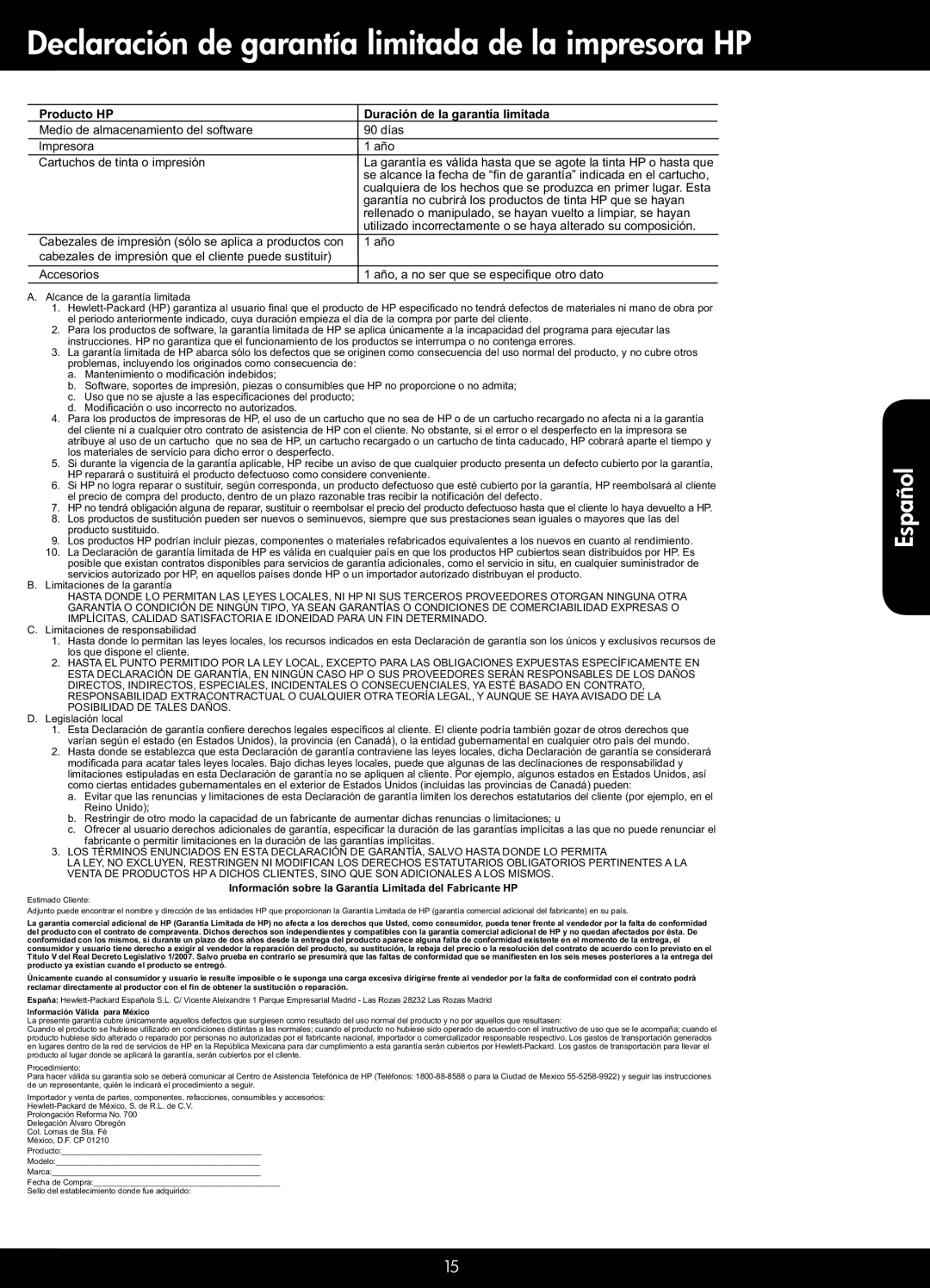 HP 5515 - B111a manual Declaración de garantía limitada de la impresora HP, Producto HP Duración de la garantía limitada 