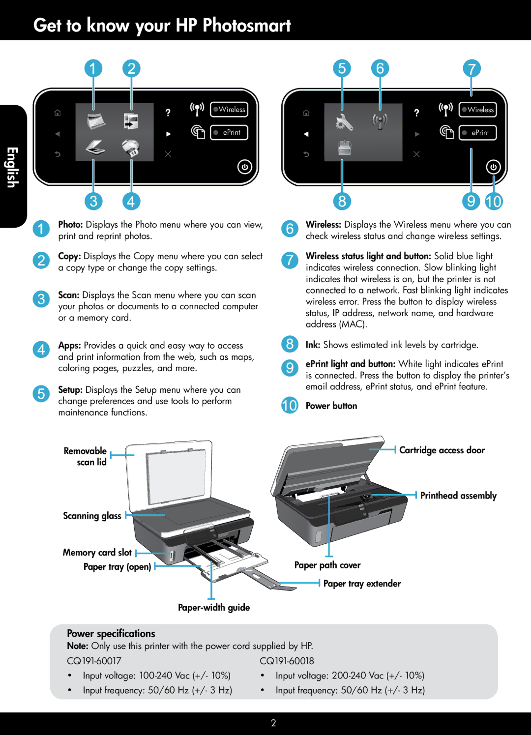 HP 5510 - B111a, 5515 - B111a manual Get to know your HP Photosmart, Power specifications 