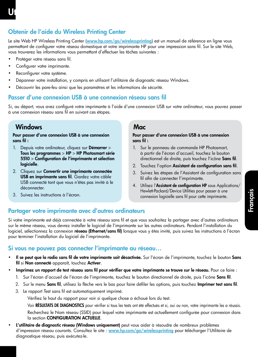 HP 5515 - B111a manual Utilisation de l’imprimante en réseau et dépannage, Obtenir de l’aide du Wireless Printing Center 