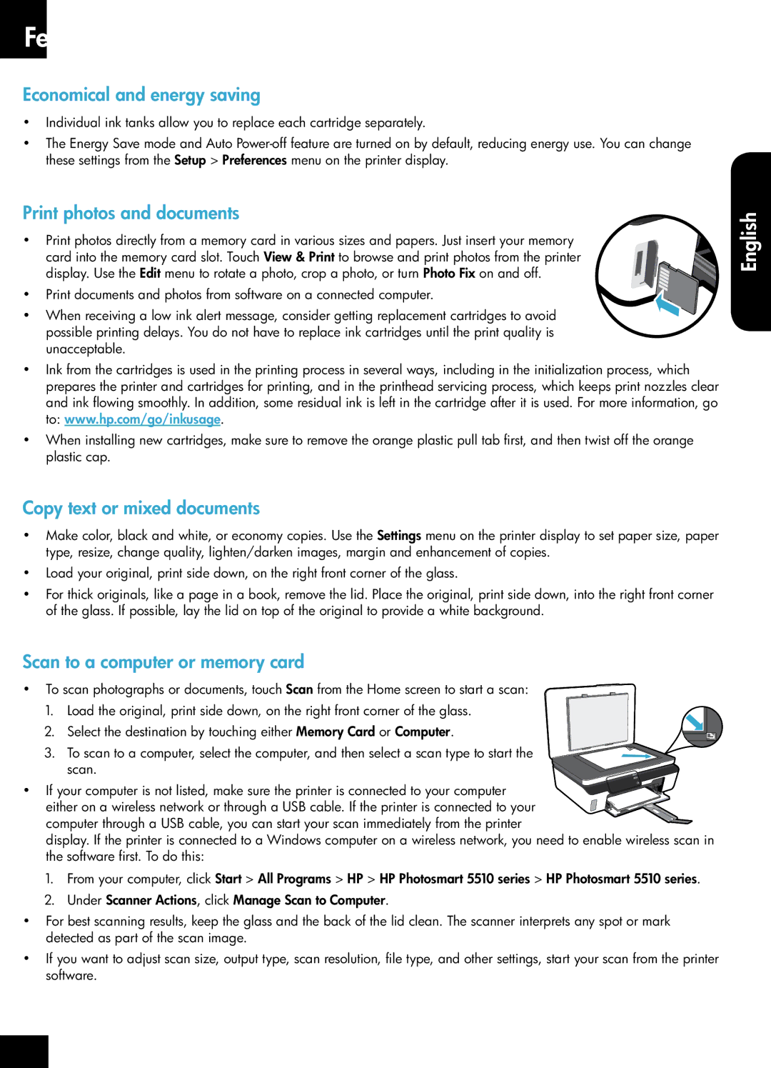 HP 5515 - B111a Features and tips, Economical and energy saving, Print photos and documents, Copy text or mixed documents 