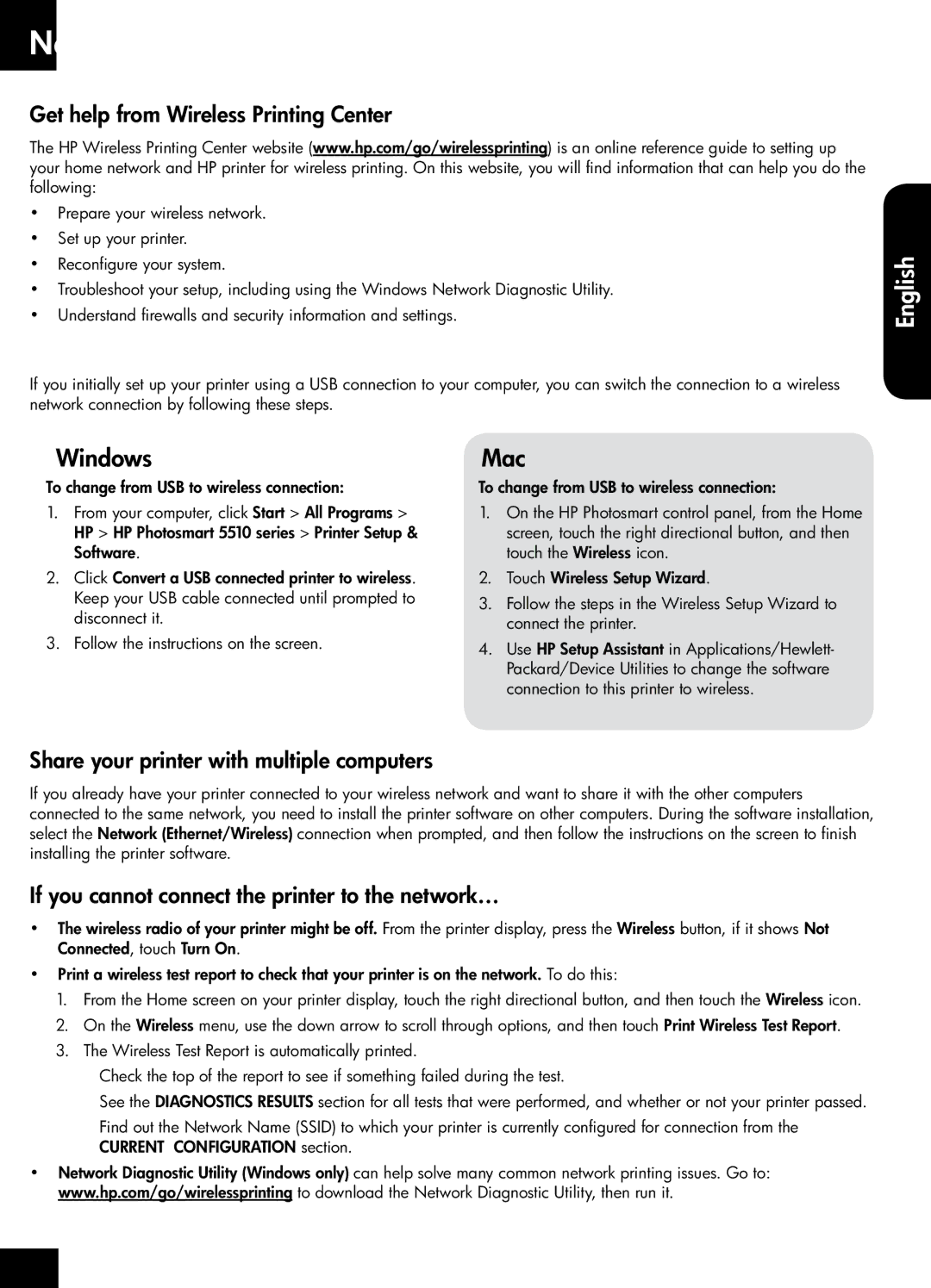 HP 5515 - B111a, 5510 - B111a manual Networked printer use and troubleshooting, Get help from Wireless Printing Center 