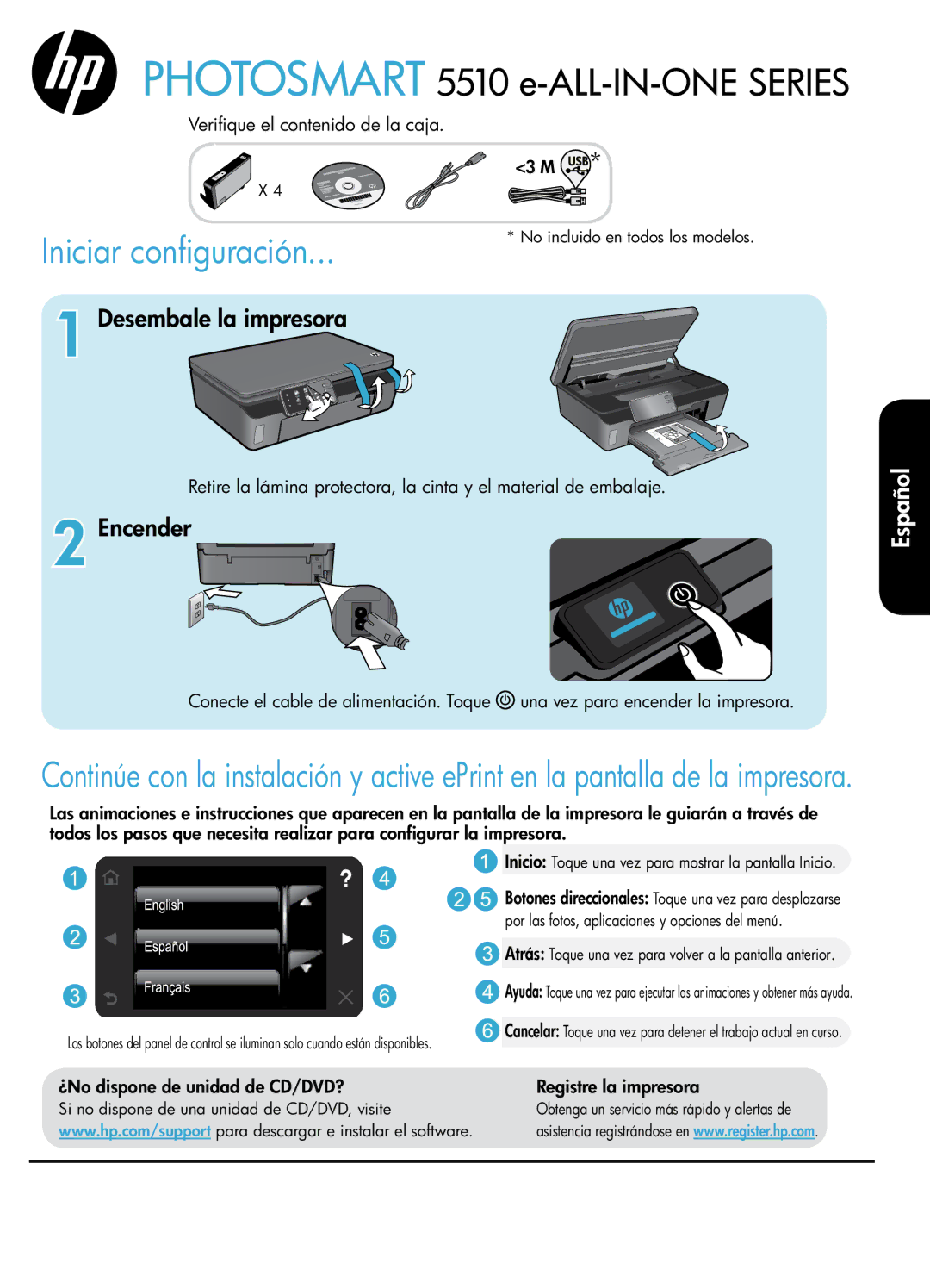 HP 5515 - B111a, 5510 - B111a Verifique el contenido de la caja, ¿No dispone de unidad de CD/DVD? Registre la impresora 