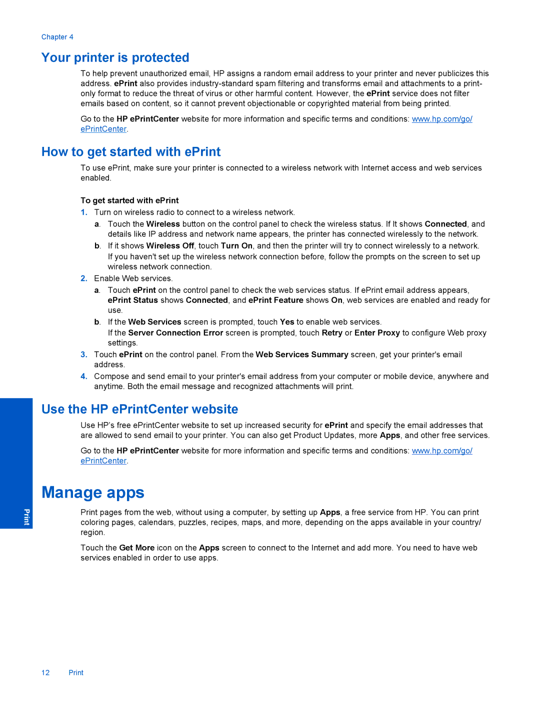 HP 5510 B111A CQ176A#1BH, 5514 E- CQ183A#B1H manual Manage apps, To get started with ePrint 