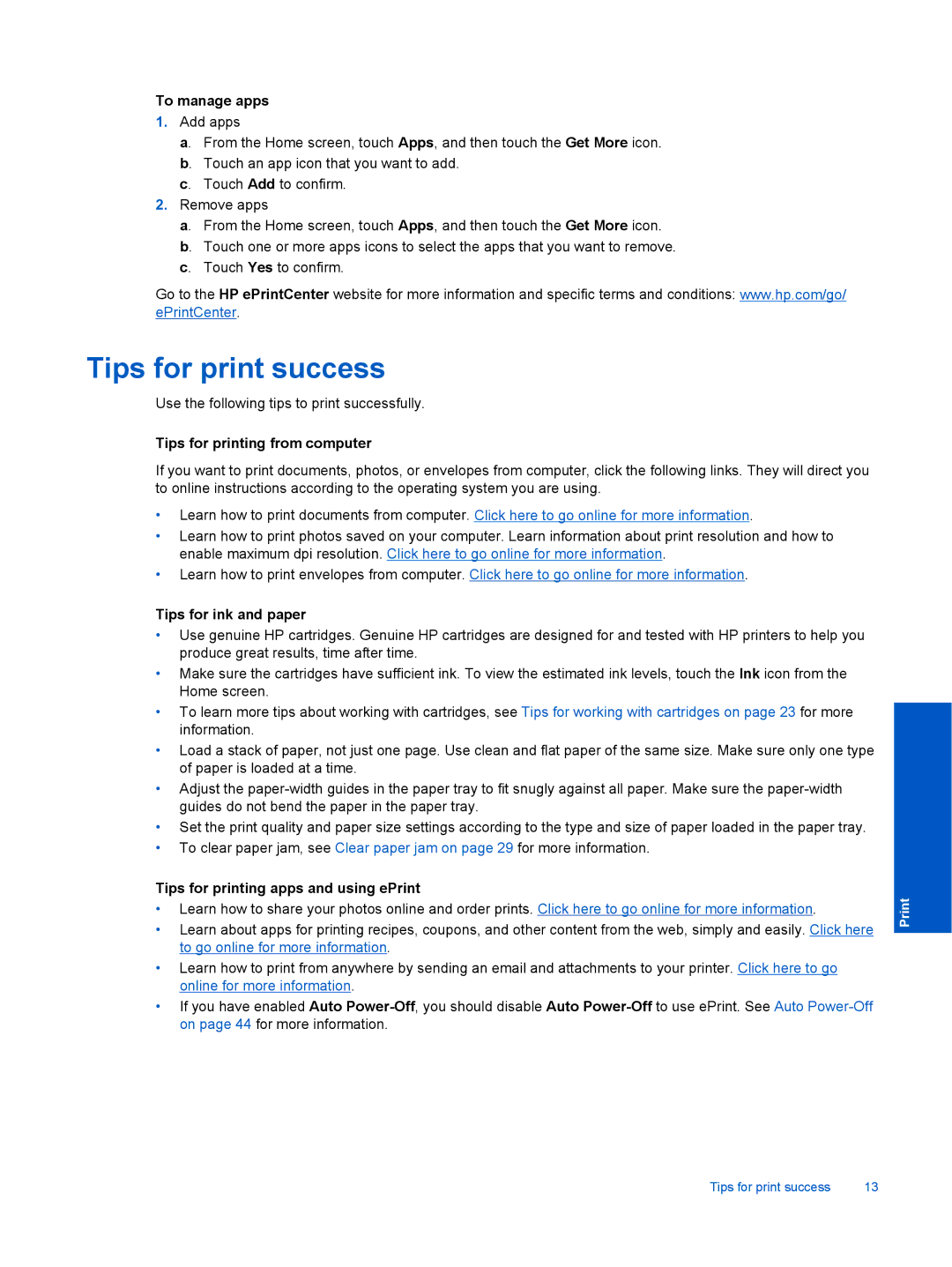 HP 5514 E- CQ183A#B1H Tips for print success, To manage apps, Tips for printing from computer, Tips for ink and paper 