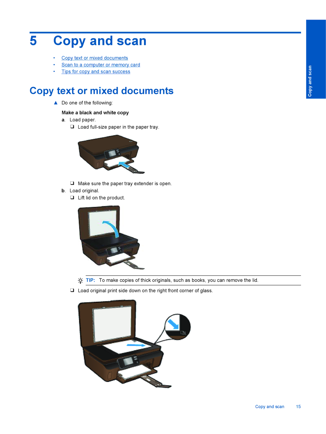 HP 5514 E- CQ183A#B1H manual Copy and scan, Copy text or mixed documents, Make a black and white copy a. Load paper 