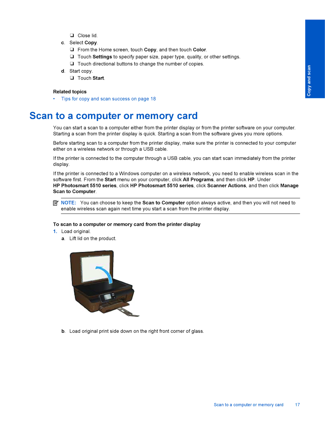 HP 5514 E- CQ183A#B1H, 5510 B111A CQ176A#1BH manual Scan to a computer or memory card, Related topics 