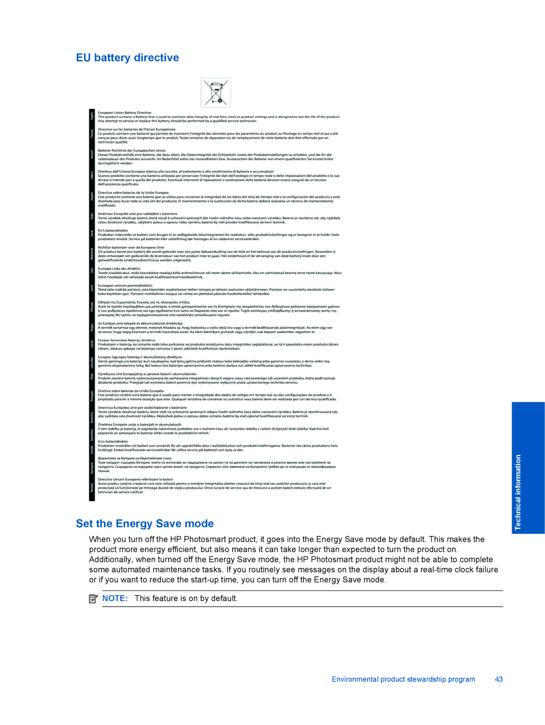 HP 5514 E- CQ183A#B1H, 5510 B111A CQ176A#1BH manual EU battery directive Set the Energy Save mode 