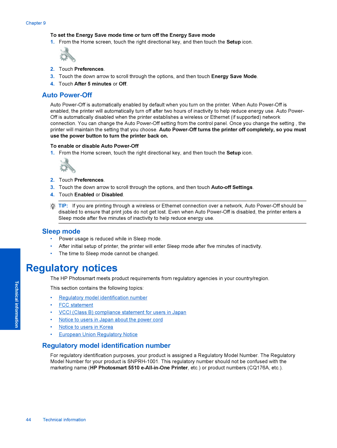 HP 5510 B111A CQ176A#1BH manual Regulatory notices, Touch After 5 minutes or Off, To enable or disable Auto Power-Off 