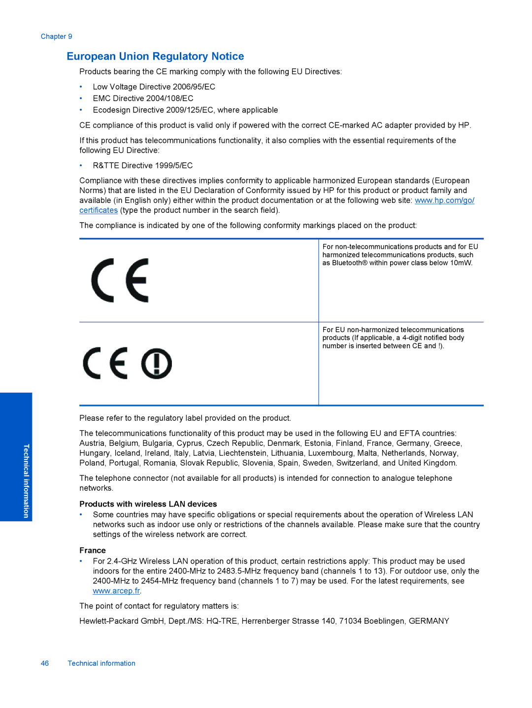 HP 5510 B111A CQ176A#1BH, 5514 E- CQ183A#B1H manual Products with wireless LAN devices, France 